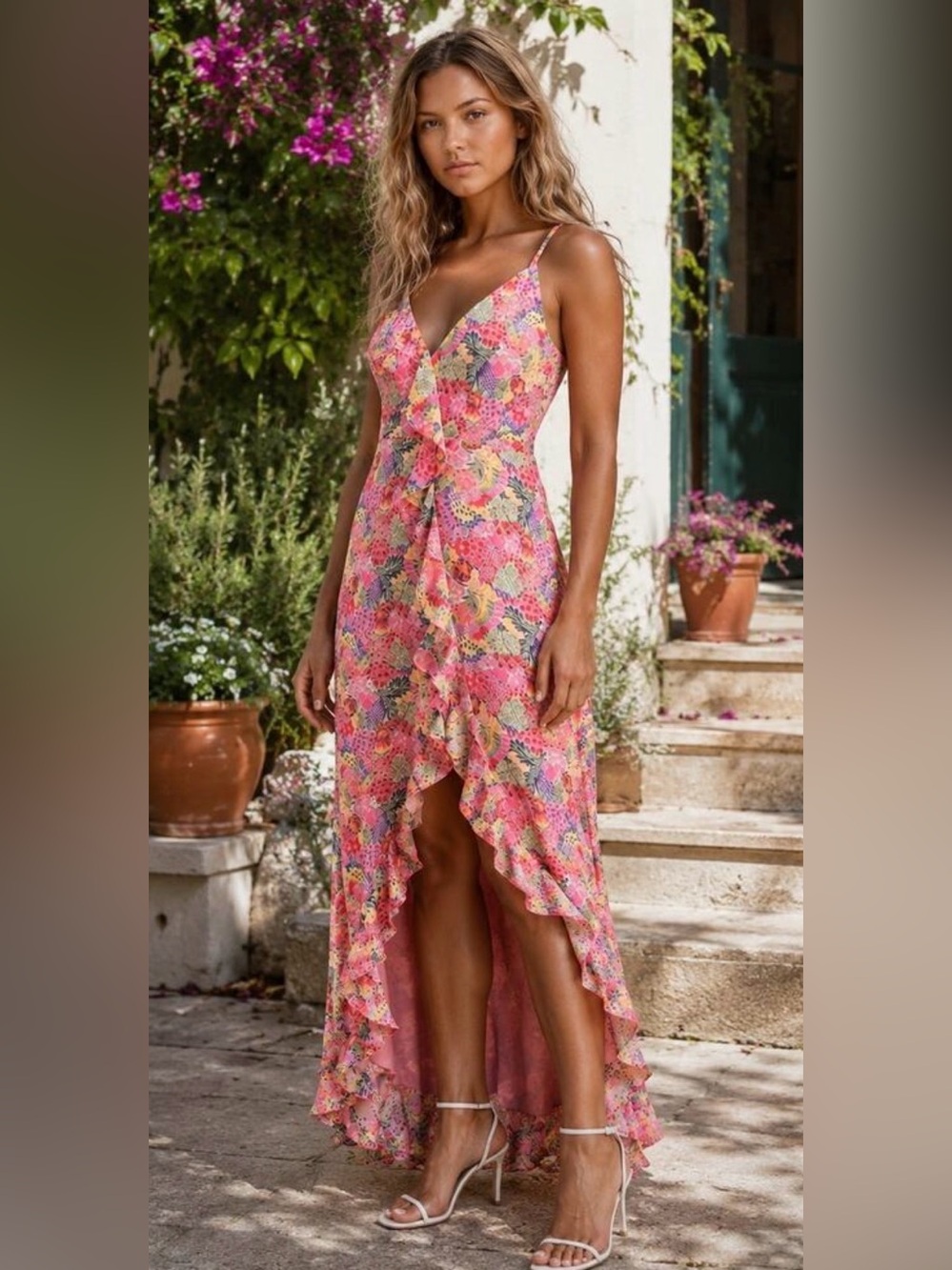 VICI Tropical Floral Hi Low Maxi Dress Open Back Cruise Resort Wedding S NWOT